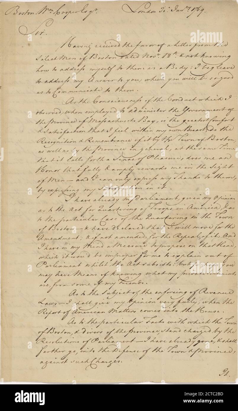 Brief von Thomas Pownall an William Cooper, Text, Korrespondenz, 1769, Pownall, Thomas, 1722-1805 Stockfoto