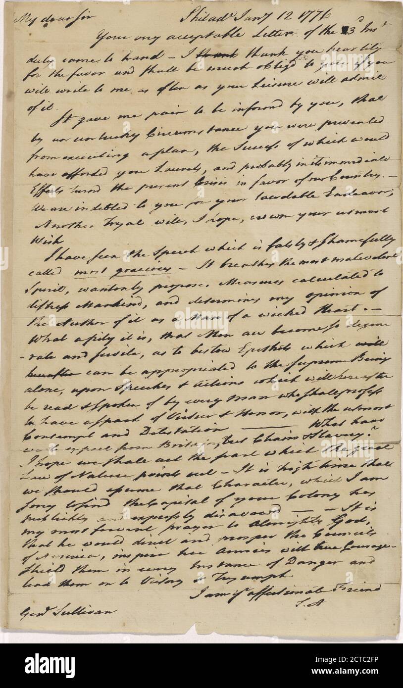 Brief an John Sullivan, Text, Korrespondenz, 1776 Stockfoto