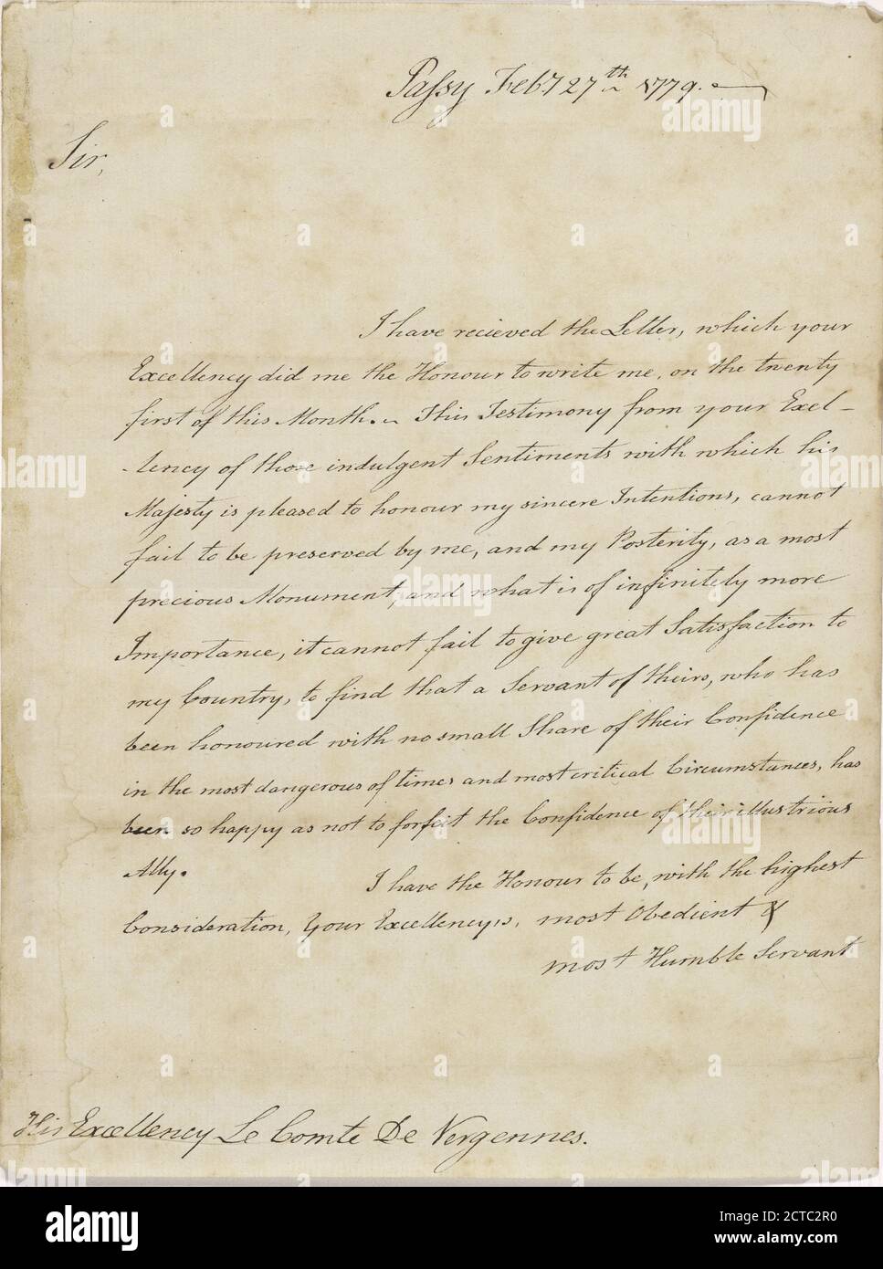 Brief von John Adams an Graf de Vergennes, Text, Korrespondenz, 1779 Stockfoto