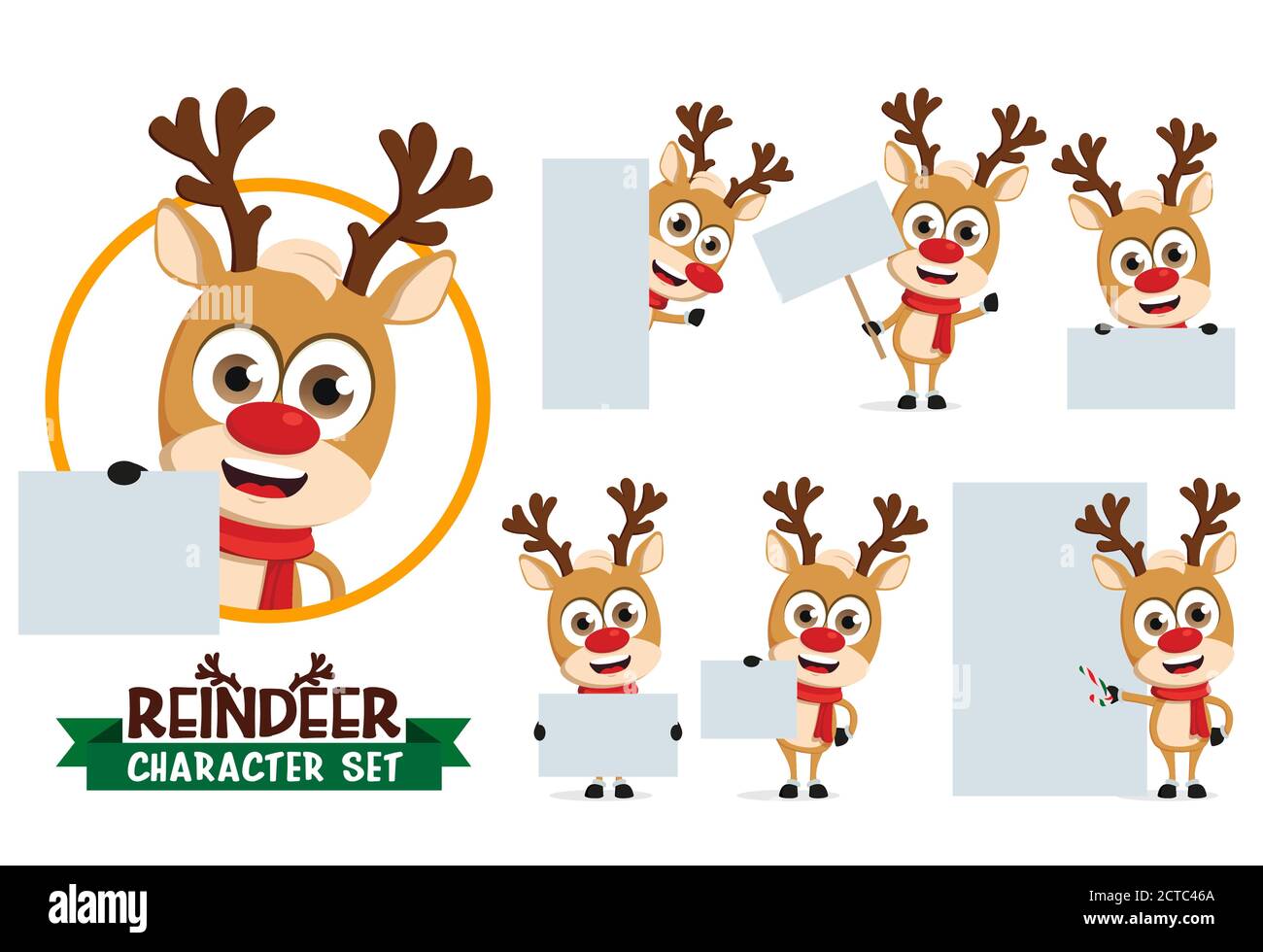 Reindeers Vektor-Zeichensatz. Rentier Charaktere in halten Glocke und Zuckerrohr, Dekoration weihnachtsbaum und Geschenk geben für Weihnachten Saison. Stock Vektor