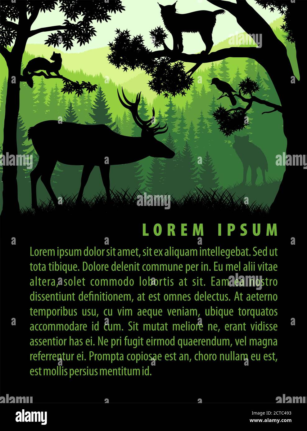 vektor Wald Hintergrund Design-Vorlage mit Bergen und Tieren Stock Vektor