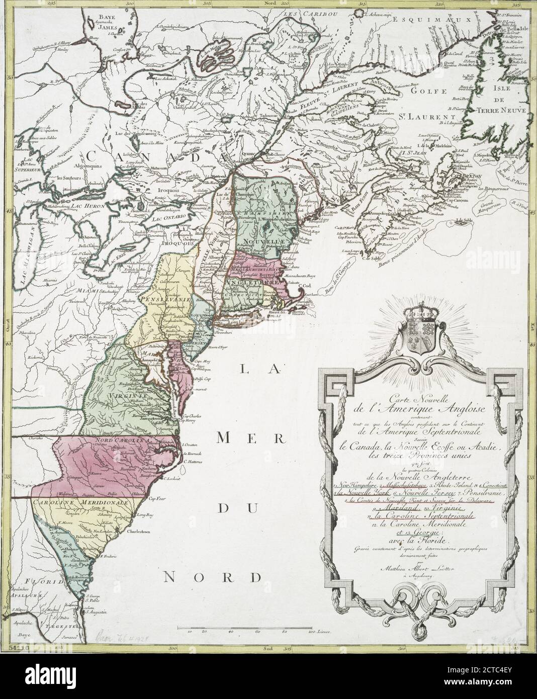 Carte nouvelle de l'Amerique angloise : contenant tout ce que les Anglois possedent sur le continent de l'Amerique septentrionale voir le Canada, la Nouvelle Ecosse ou Acadie, les treize provinces unies qui sont: les quatres Colonies de la Nouvelle Angleterre ... avec la Floride, kartografisch, Karten, 1776, Lotter, Matthäus Albrecht, 1741-1810 Stockfoto