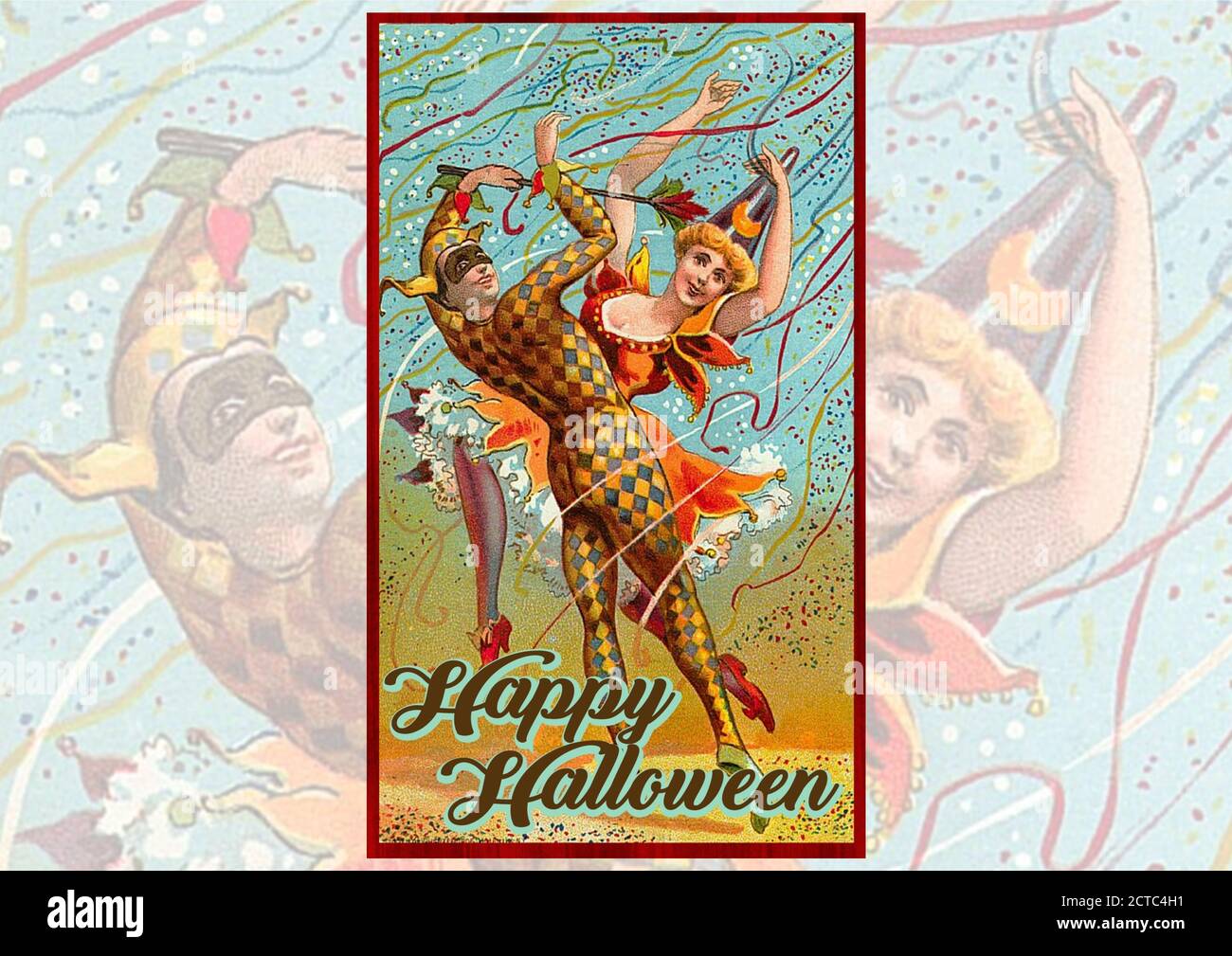 Vintage Halloween Greetings - Tanzender Halloween Harlekin mit Kopierraum auf beiden Seiten, um einfach Text hinzuzufügen Stockfoto