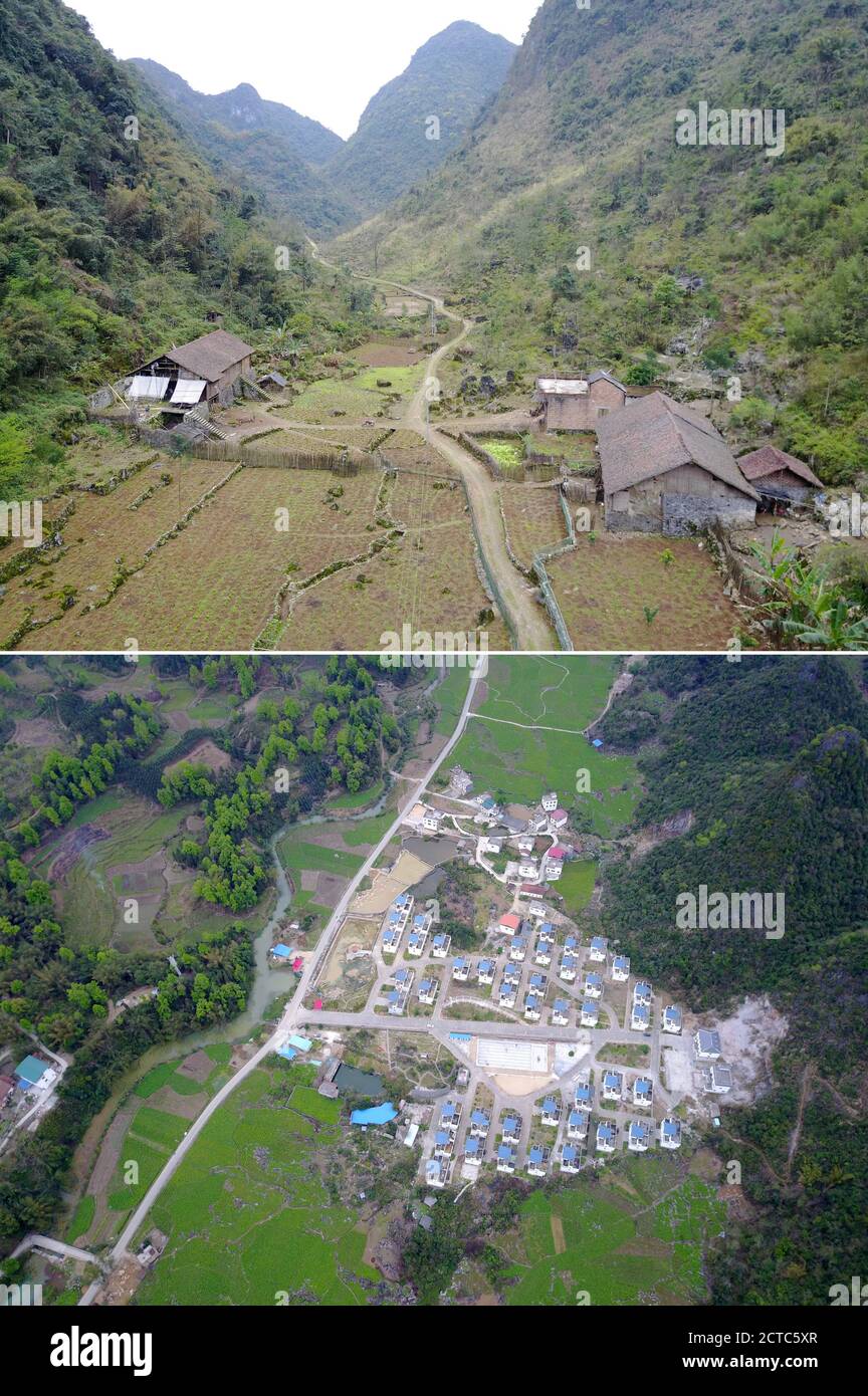(200922) -- NANNING, 22. September 2020 (Xinhua) -- Combo Foto zeigt eine Luftaufnahme eines Wohnsitzes, in dem Einheimische vor der Umsiedlung lebten (oben), und eine Luftaufnahme eines Umsiedlungsgebiets zur Armutsbekämpfung (unten) in der Gemeinde Da'an im autonomen Bezirk Huanjiang Maonan, südchinesische Autonome Region Guangxi Zhuang, 14. März 2017. In den letzten fünf Jahren hat die Autonome Region Guangxi Zhuang eine Reihe von Projekten zur Armutsbekämpfung durchgeführt, wie den Bau von Verkehrsinfrastruktur in armen Gebieten zu beschleunigen, ein Trinkwasserprojekt durchzuführen und über 710,000 umzusiedeln Stockfoto