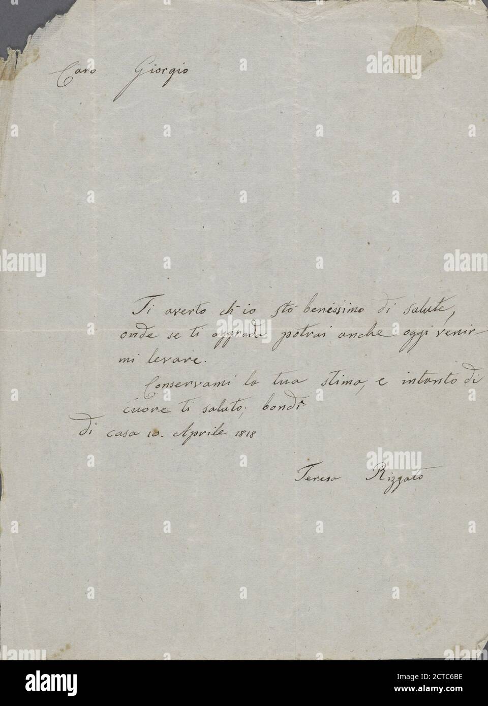 Autograph Brief unterzeichnet an Lord Byron, 10. April 1818, Text, Korrespondenz, 1818, Rizzato, Teresa Stockfoto