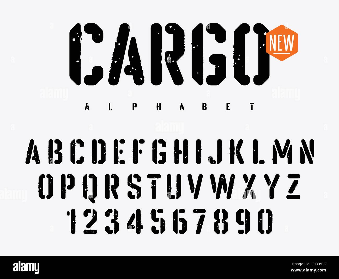 Schablonenschrift für grobe Stempelmarken. Grunge texturierte Schrift. Vektor handgefertigtes Alphabet. Großbuchstaben und Zahlen der Schablonenplatte Stock Vektor