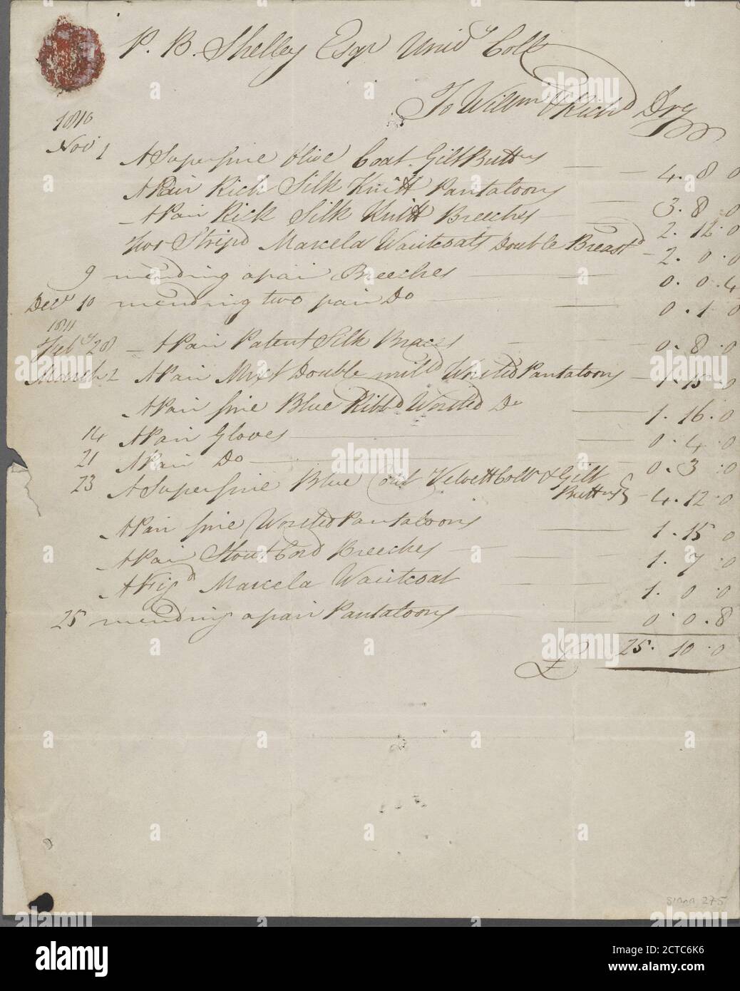 Einzelstückliste für Percy Bysshe Shelley, 25. März 1811, Text, Rechnungen, 1811, William und Richard Dry (Schneider Stockfoto