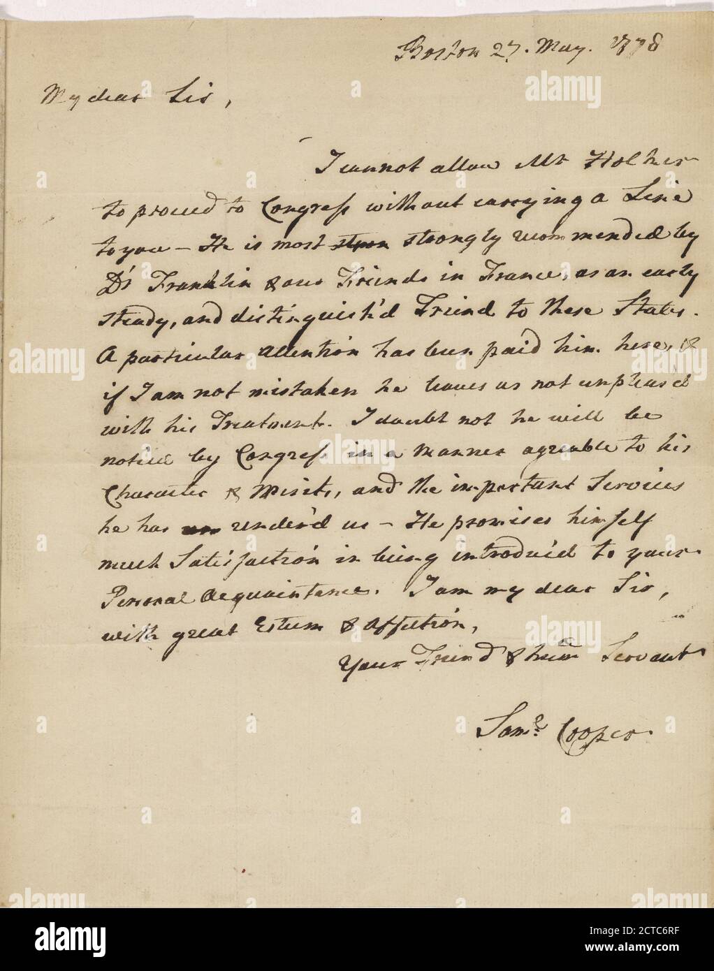 Brief von Samuel Cooper, Text, Korrespondenz, 1778 Stockfoto