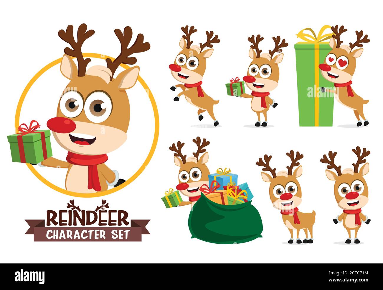 Reindeers Zeichenvektorsatz. Rentier-Charaktere in verschiedenen Geschenk geben Pose und Gesten isoliert in weißem Hintergrund für weihnachtsferien. Stock Vektor