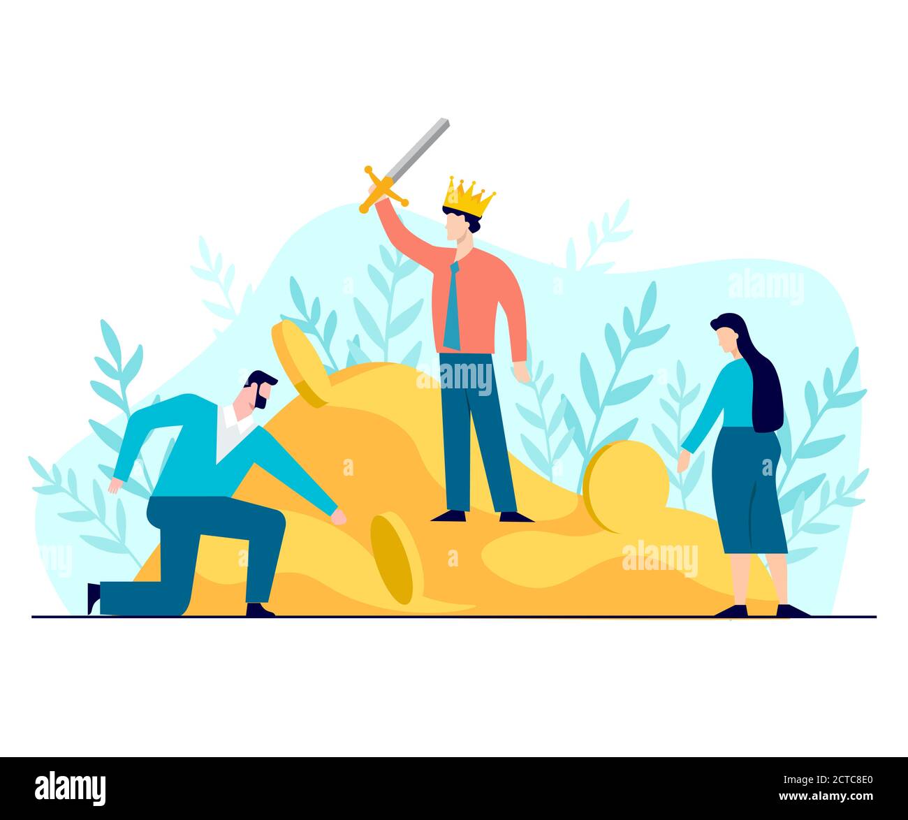 Geschäftsmann in Krone mit Schwert steht auf Haufen Gold Konzept. Erfolgreicher Charakter in der Position des Siegers König. Stock Vektor