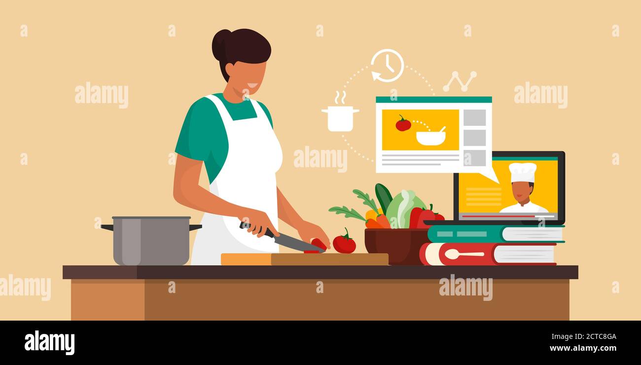 Frau, die online Rezepte lernt, hackt Gemüse und schaut sich ein Video von einem Koch an, der erklärt, wie man Essen zubereitet Stock Vektor