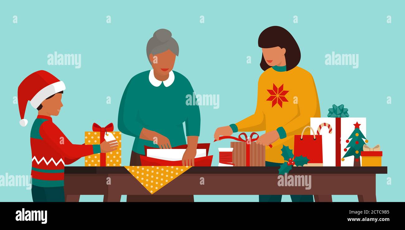 Familie bereitet Geschenke für Weihnachten zusammen zu Hause vor: Sohn, Mutter und Großmutter Stock Vektor