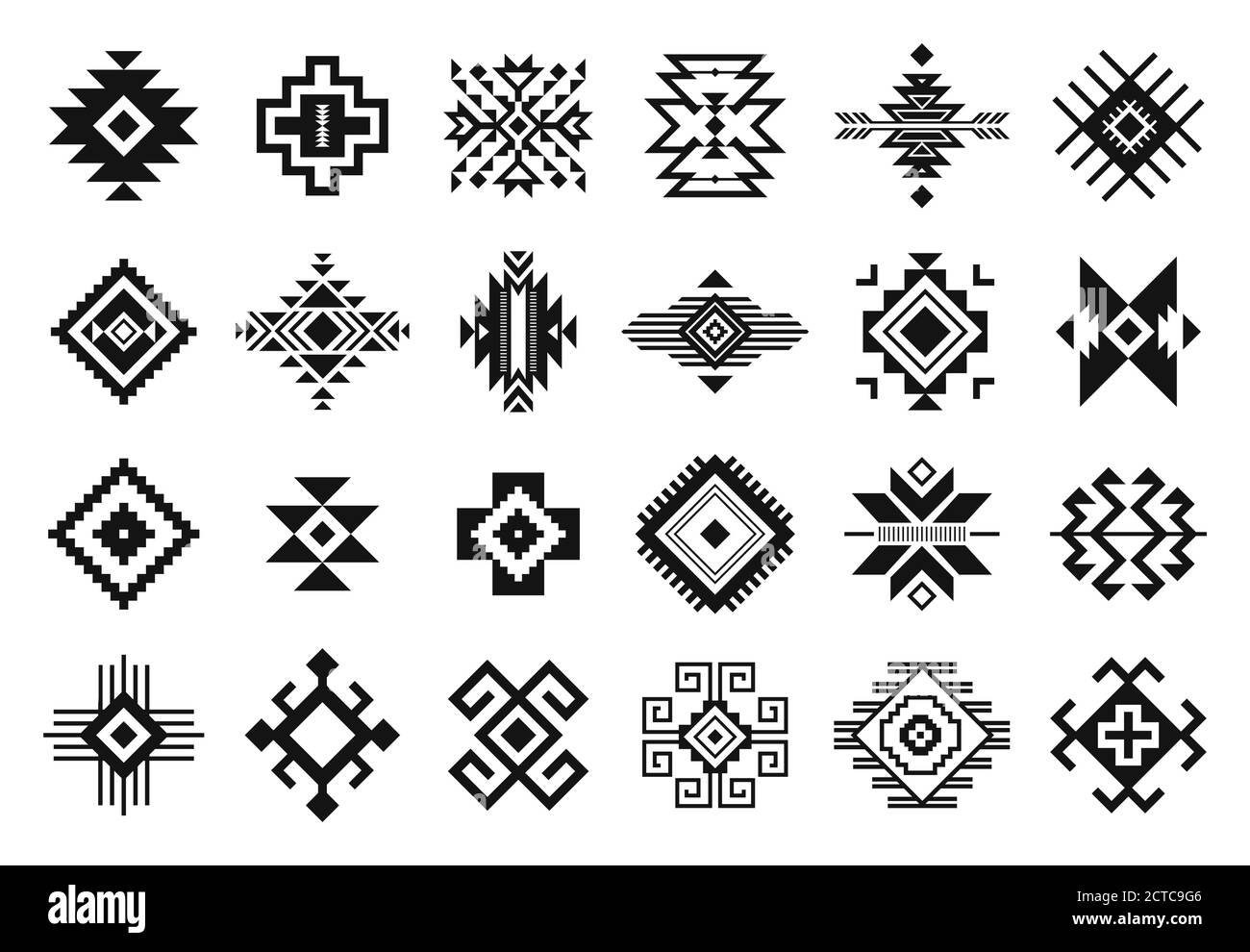 Tribal-Elemente. Monochrome geometrische amerikanische indische Muster, navajo und azteken, ethnische Ornament für textile dekorative Ornament Vektor-Set. Schwarze Cu Stock Vektor
