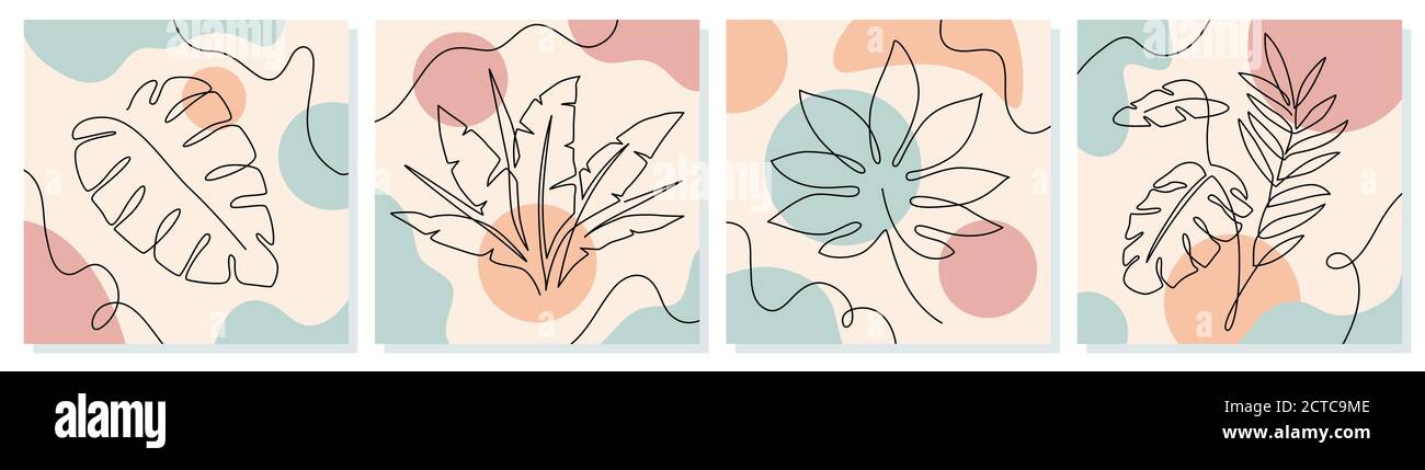 Eine Linie verlässt. Tropische exotische Pflanzen mit durchgehender Linie Blatt und trendigen organischen Formen von Pastellfarben Vektor abstrakte Doodle Poster. Moderne mi Stock Vektor