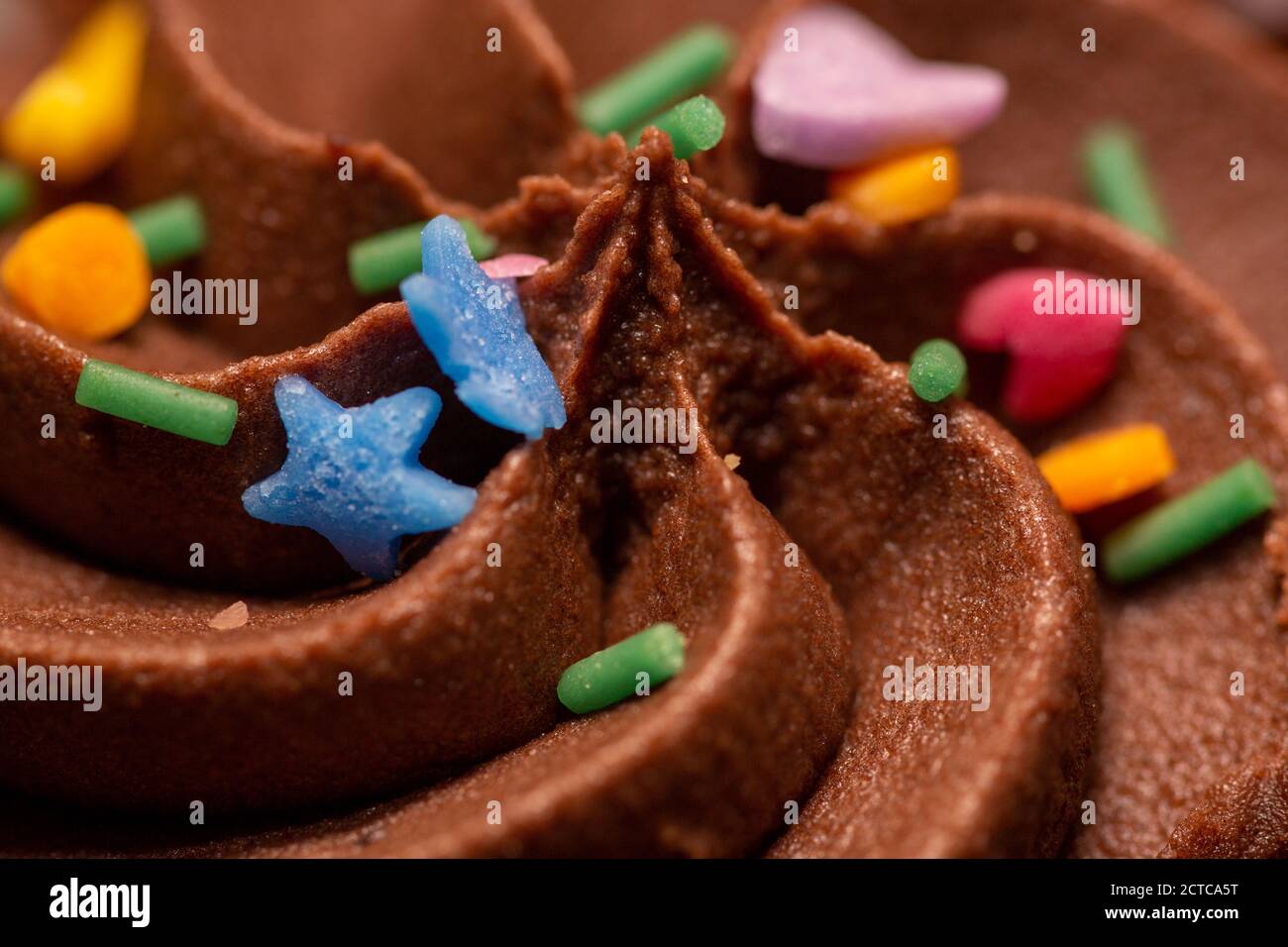 Eine Nahaufnahme der Vereisung und streut auf einem Schokolade Cupcake mit selektiven Fokus Stockfoto