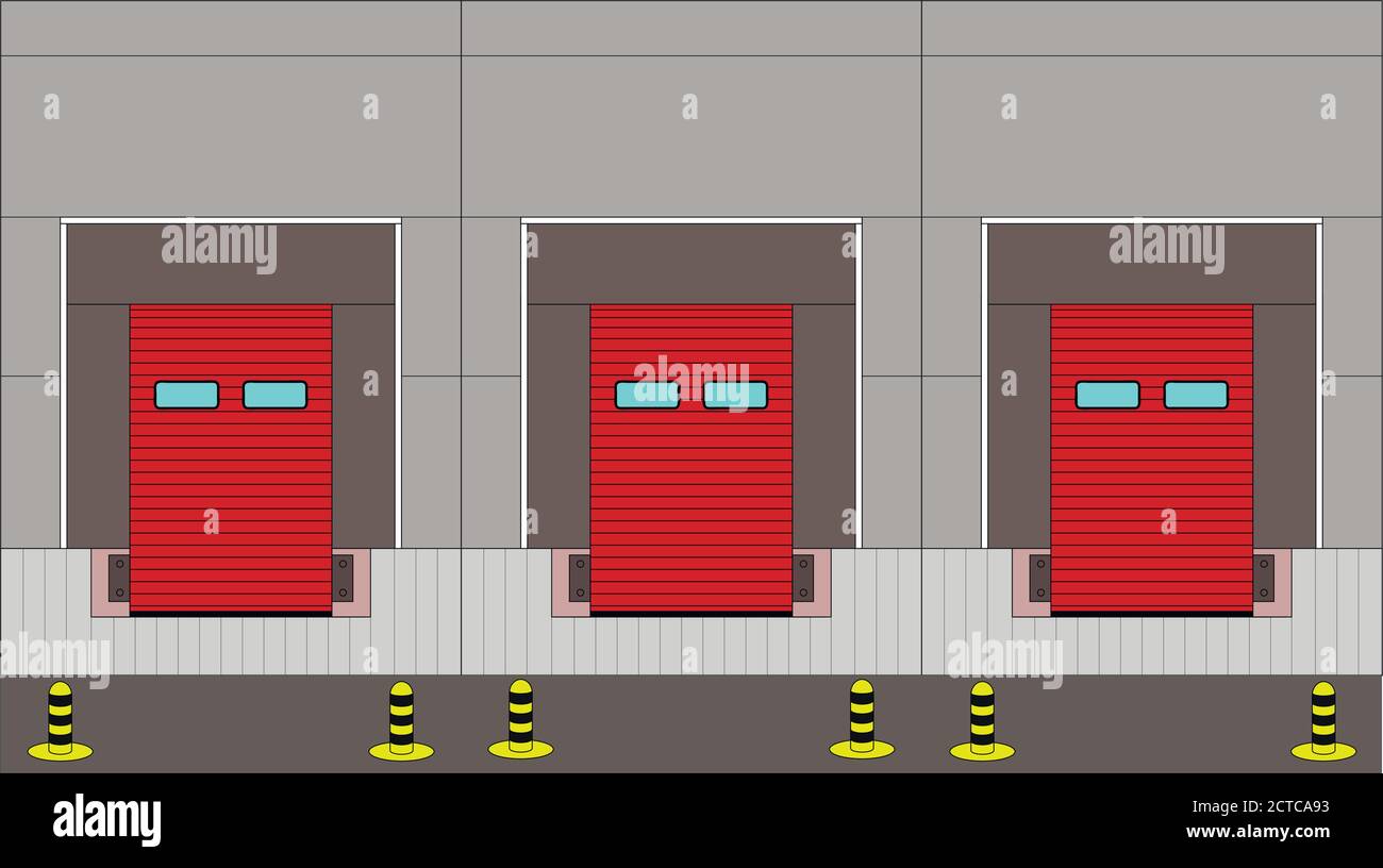 Großes Distributionslager mit Toren zum Verladen von Waren. Fassade Stock Vektor