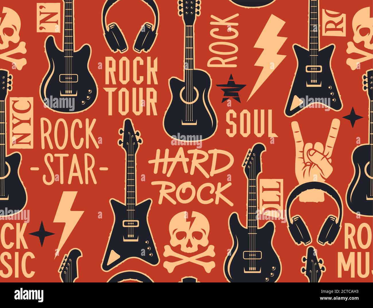 Trendige musikalische nahtlose Muster mit Gitarren, Totenkopf und Crossbones und andere Rock-Musik-Symbole. Nahtlose Rockmusik Hintergrund Stock Vektor