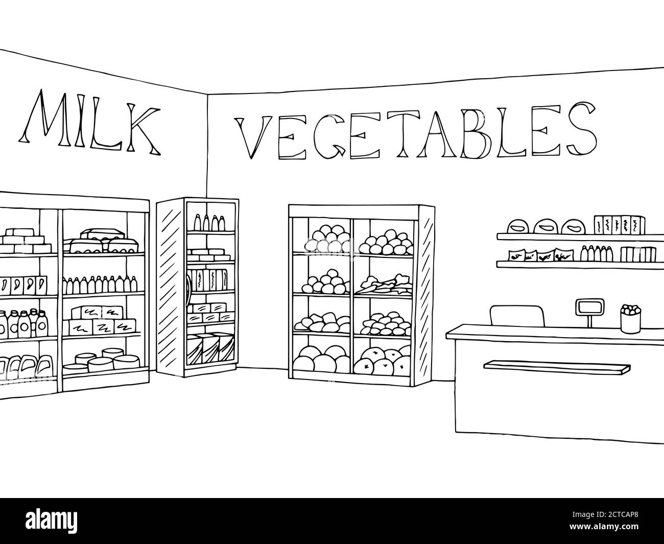 Lebensmittelgeschäft Shop Interieur schwarz weiß Grafik Skizze Illustration Vektor Stock Vektor