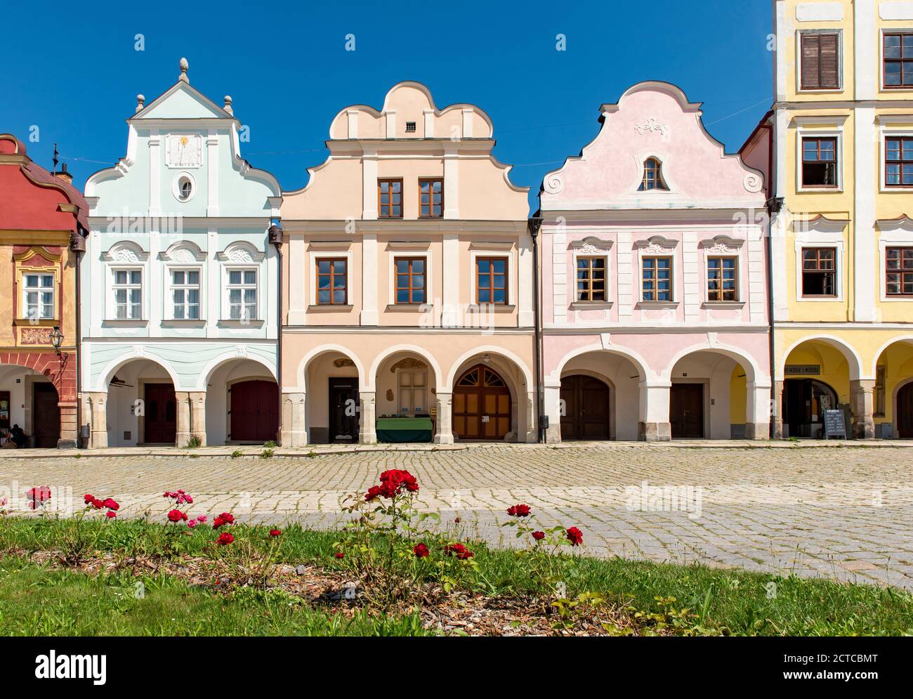 Renaissance- und Barockhäuser mit Giebeln und Arkaden, Telč, Tschechische Republik Stockfoto