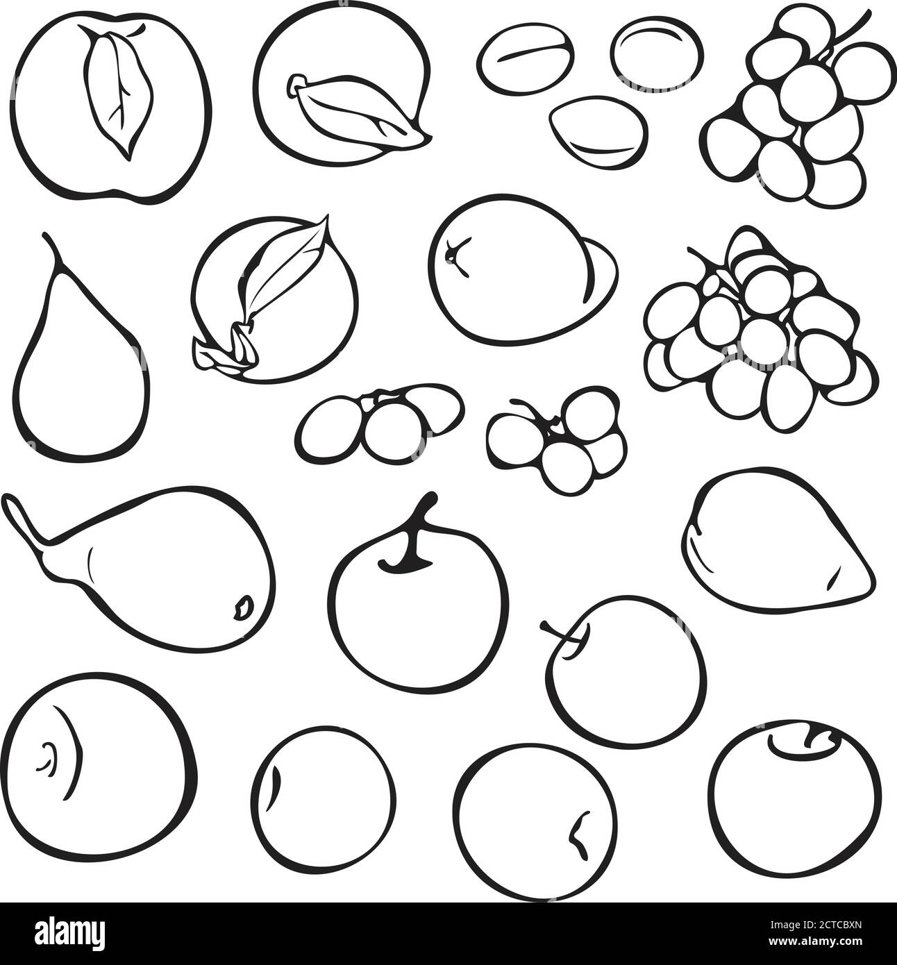 Vektor Hand gezeichnet Früchte Symbole gesetzt. Dekorative flache Stil Kollektion handgezeichnete Bauernhof Produkt für Restaurant-Menü, Markt-Label. Pfirsich, Apfel, Traube, p Stock Vektor