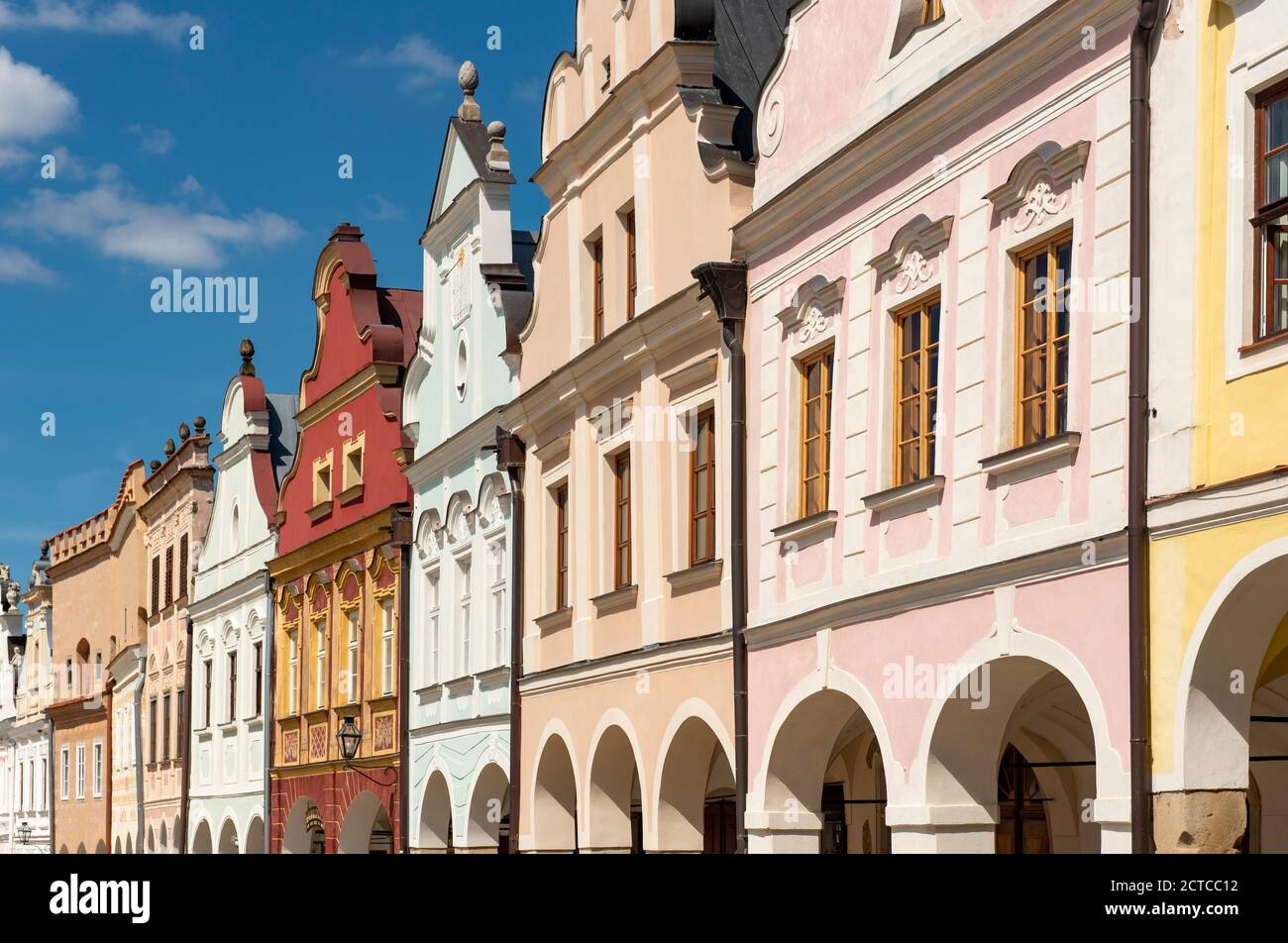 Renaissance- und Barockhäuser mit Giebeln und Arkaden, Telč, Tschechische Republik Stockfoto