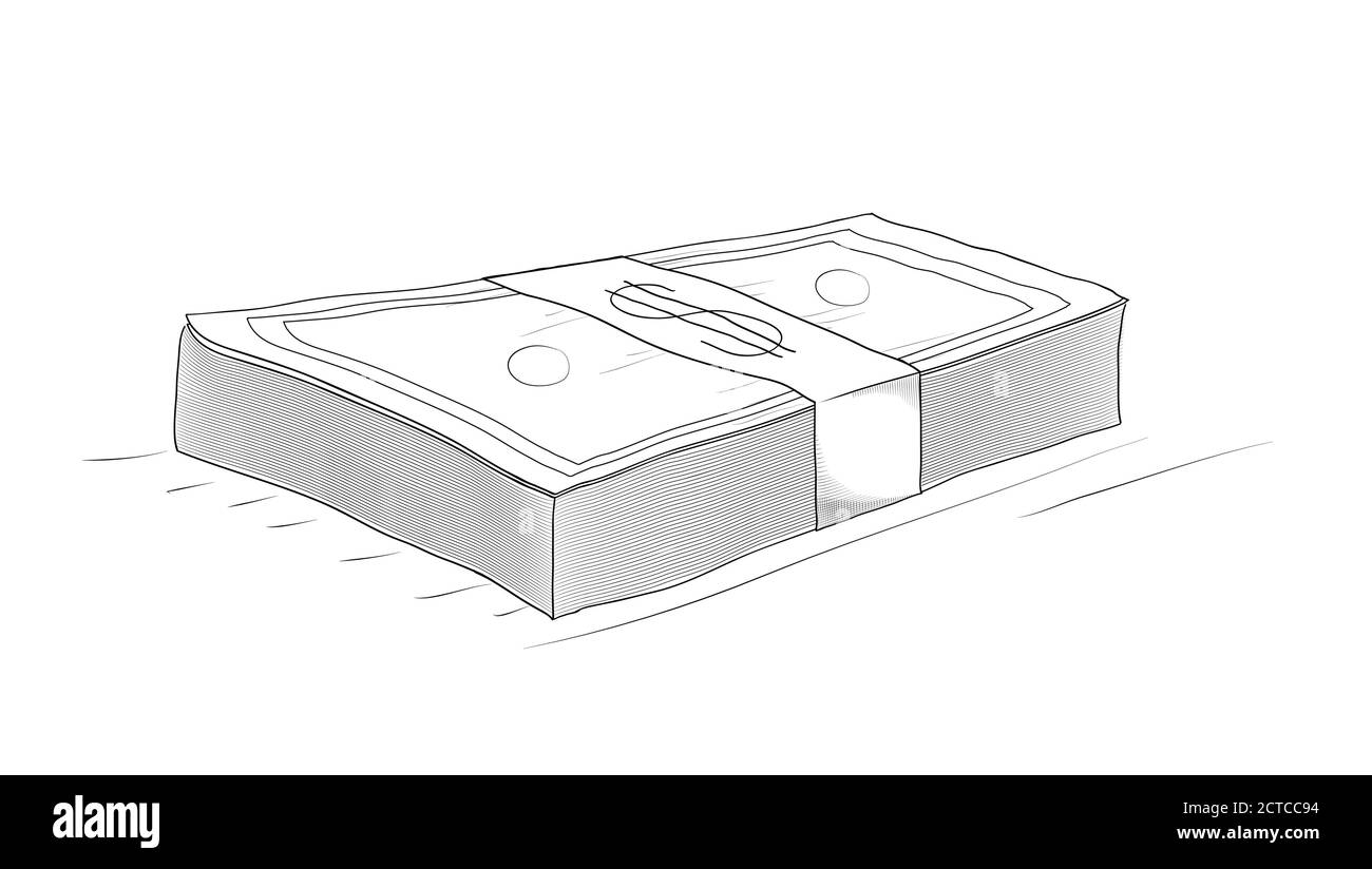 Bündel von Banknoten. Skizzenzeichnung auf weißem Hintergrund. Zeichnen im Doodle-Stil Stock Vektor