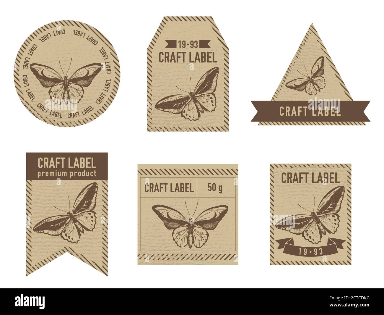 Craft Etiketten Vintage-Design mit Illustration der gemeinsamen grünen Vogelflügel, wallace golden Vogelflügel Stock Vektor