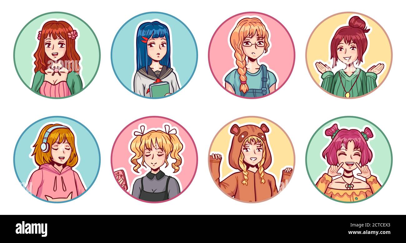 Anime Mädchen Avatare. Farbe Porträts niedlichen Manga weibliche Teens in verschiedenen Kleidern mit verschiedenen emotionalen Ausdrücken Sticker Vektor-Set. Zeichen w Stock Vektor