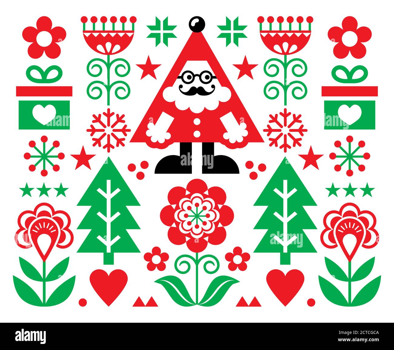 Weihnachten Santa Vektor Grußkarte Design, Scandianvian Volkskunst Stil festlichen Hintergrund in rot und grün Stock Vektor