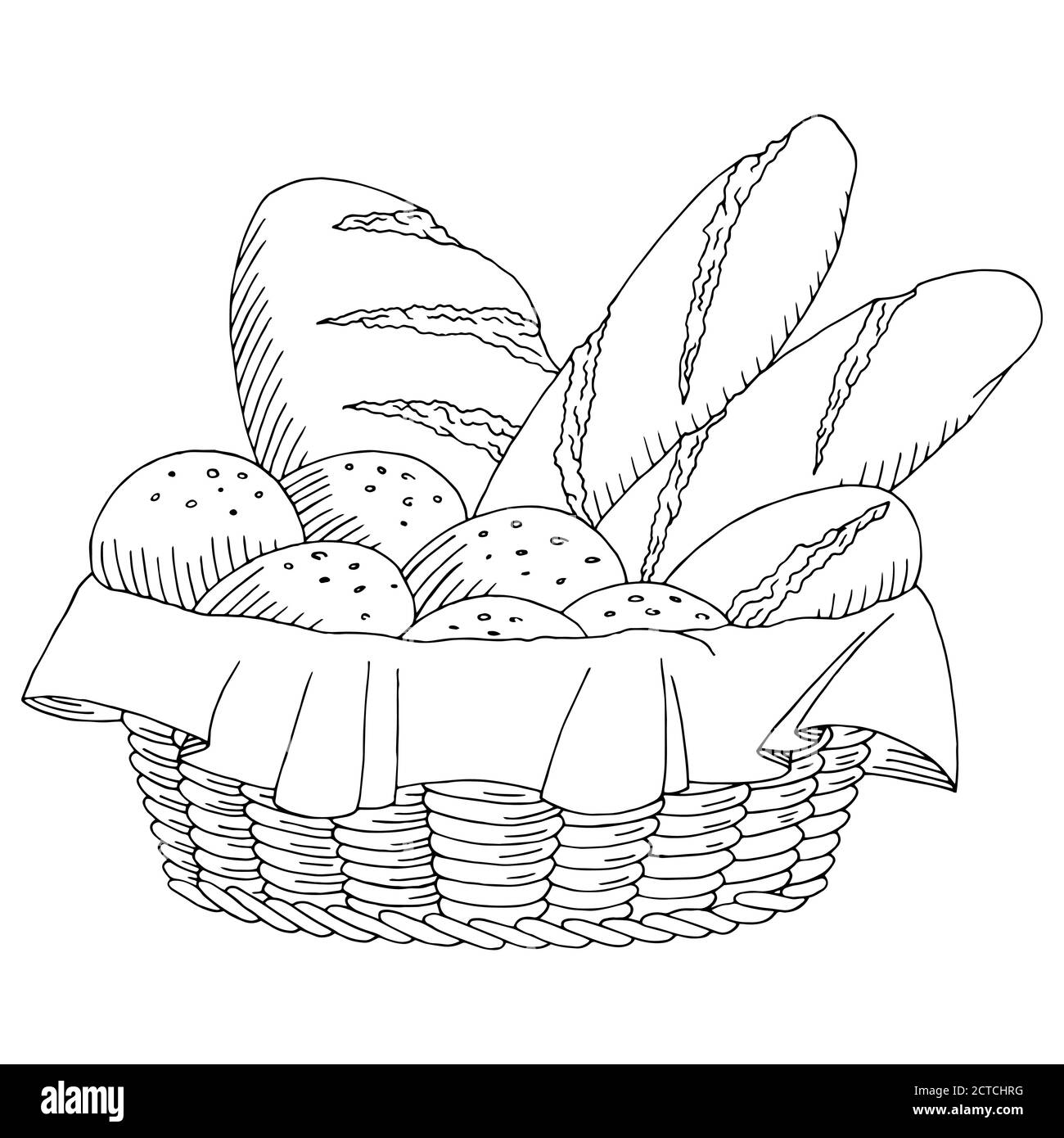 Brotkorb Lebensmittel Grafik Kunst schwarz weiß isoliert Skizze Illustration vektor Stock Vektor