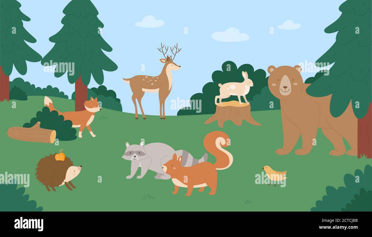 Tiere im Sommer Natur Vektor Illustration. Cartoon Wohnung glücklich wild animalistischen Zeichen stehen auf natürliche grüne Wiese, Wildlife-Szene mit Bärenfuchs Waschbär Hase Hirsch Eichhörnchen Igel Vogel Stock Vektor