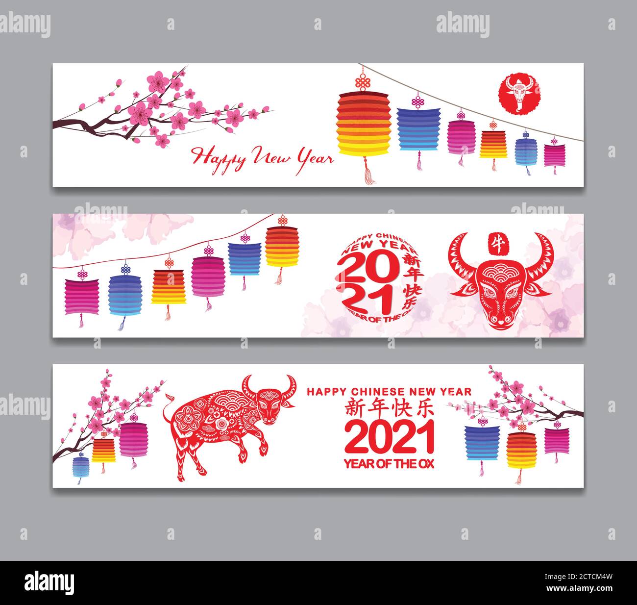 Horizontaler Bannersatz mit handgezeichneter. Jahr des Ochsen 2021 (Chinesische Übersetzung Happy Chinese New Year, Jahr des Ochsen) Stock Vektor