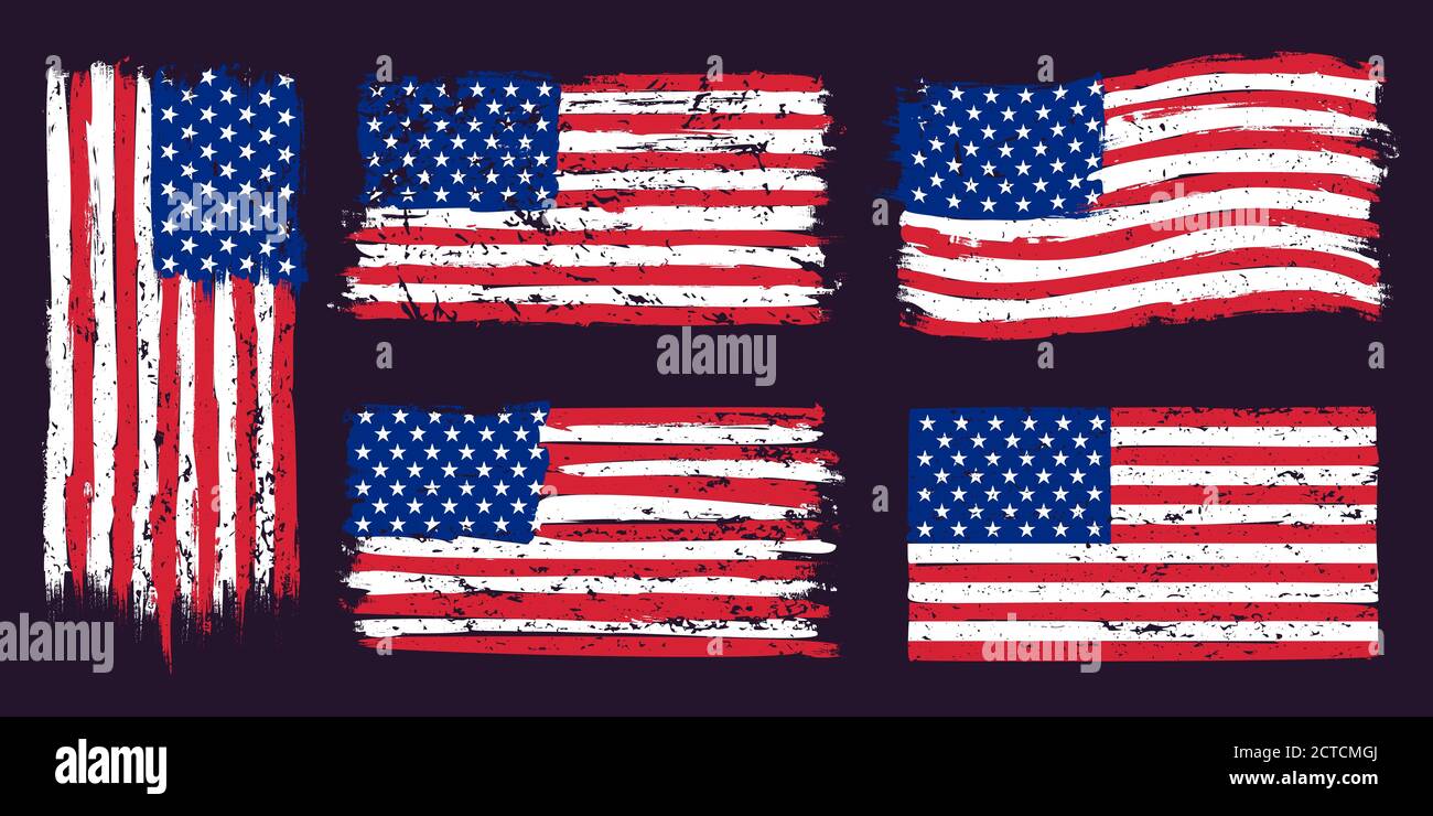 USA amerikanische Grunge Flagge. US Flaggen Grafikdesign mit Sternen und Streifen und Grunge Textur. T-Shirt-Print, Tapete Design Vektor-Set. US-Staatsangehörige Stock Vektor