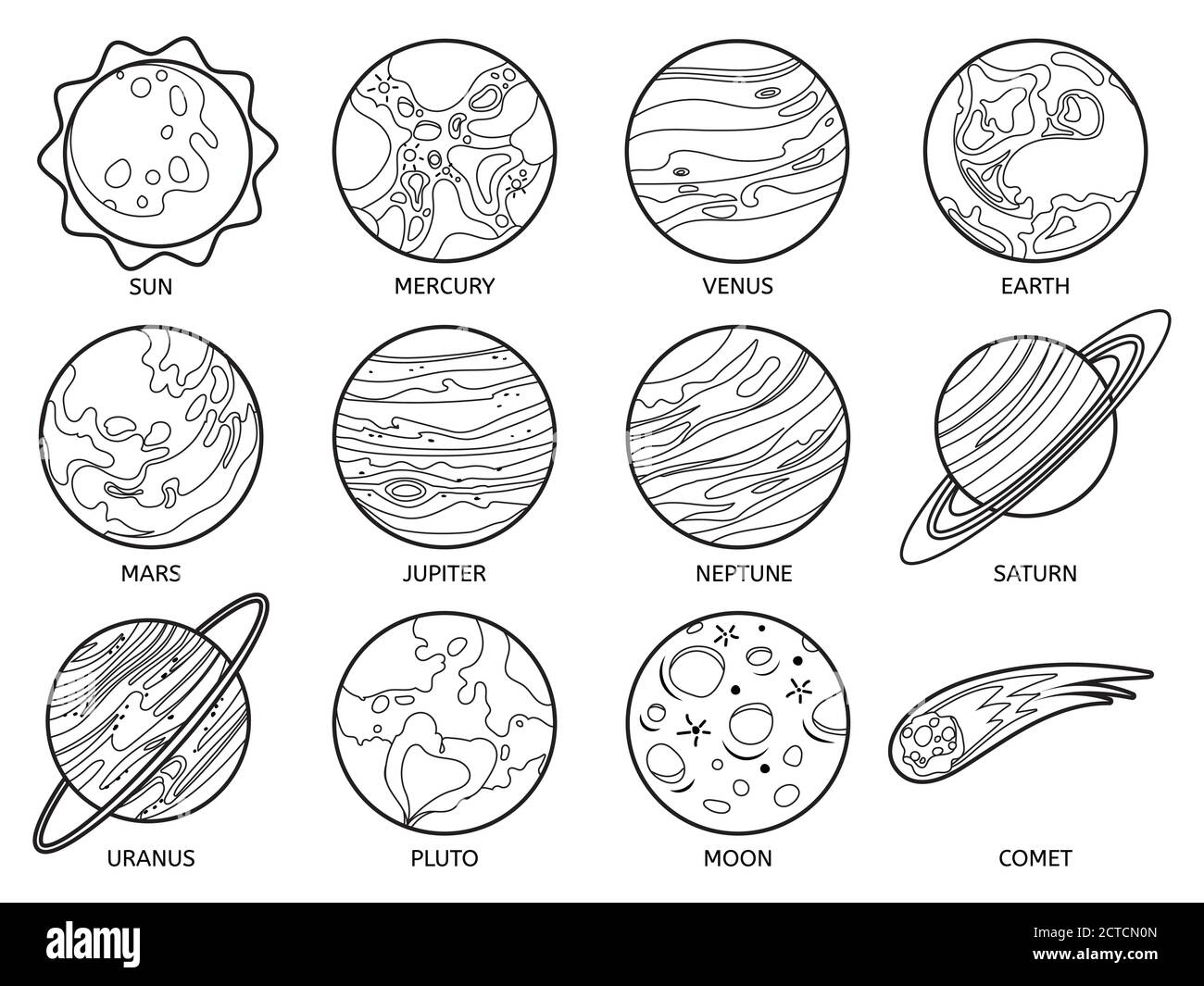 Planeten für Farbbuch. Sonnensystem Erde, Sonne und neptun, jupiter und pluto, venus und mars, saturn und Mond, uranus und Kometenvektor gesetzt. Äußere sp Stock Vektor