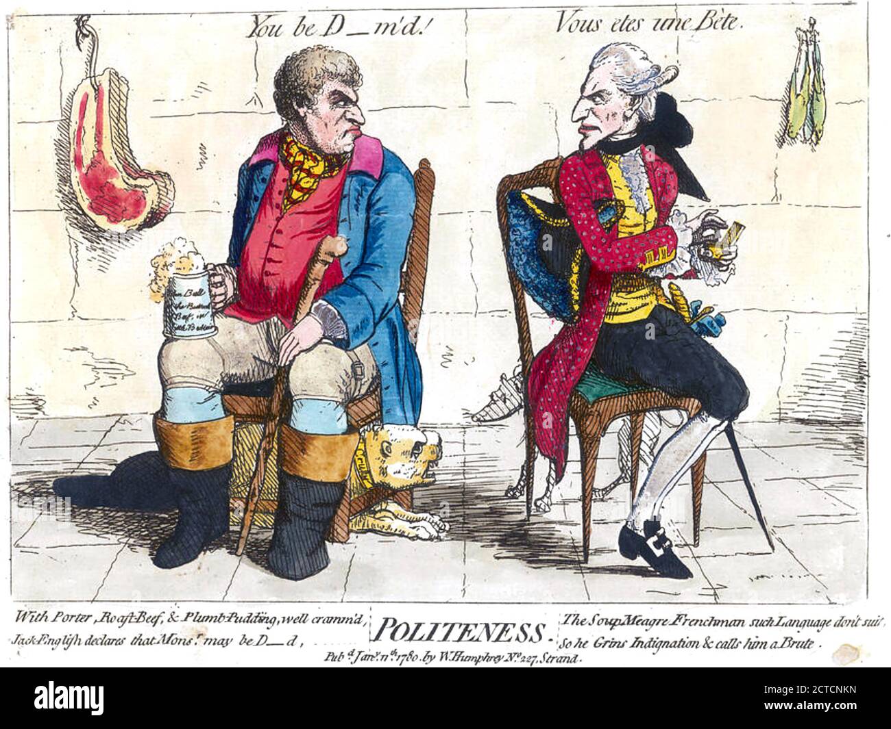 JOHN BULL eine frühe Personifizierung der Figur tauscht Beleidigungen mit seinem französischen Gegenstück in einem Cartoon von 1780 aus. Stockfoto