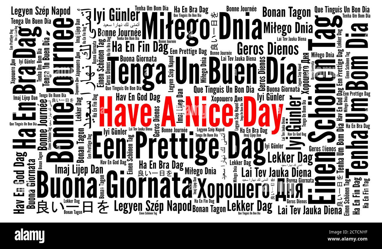 Einen schönen Tag noch Wort Wolke in verschiedenen Sprachen Stockfoto