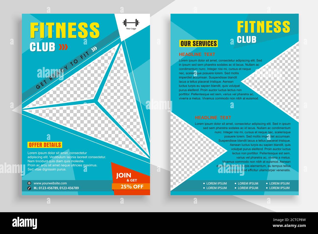 GYM und Fitness Club A4 Größe Flyer Vorlage bereit, um beide Seiten auf Blau oder Cyan Farbe Hintergrund Vektor drucken Design mit Photo Space. Stock Vektor