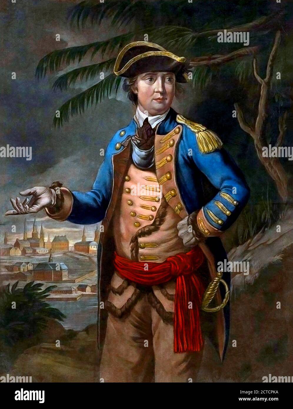 Benedict Arnold (1741-1801), ein General während des amerikanischen Revolutionskrieges, der ursprünglich für die amerikanische Kontinentalarmee kämpfte, aber zur britischen Armee überging. In dieser Abbildung ist er in der Uniform eines Oberst gezeigt, der die gegen Quebec Gesandten Provinztruppen befehlig. Farbe mezzotint. Stockfoto