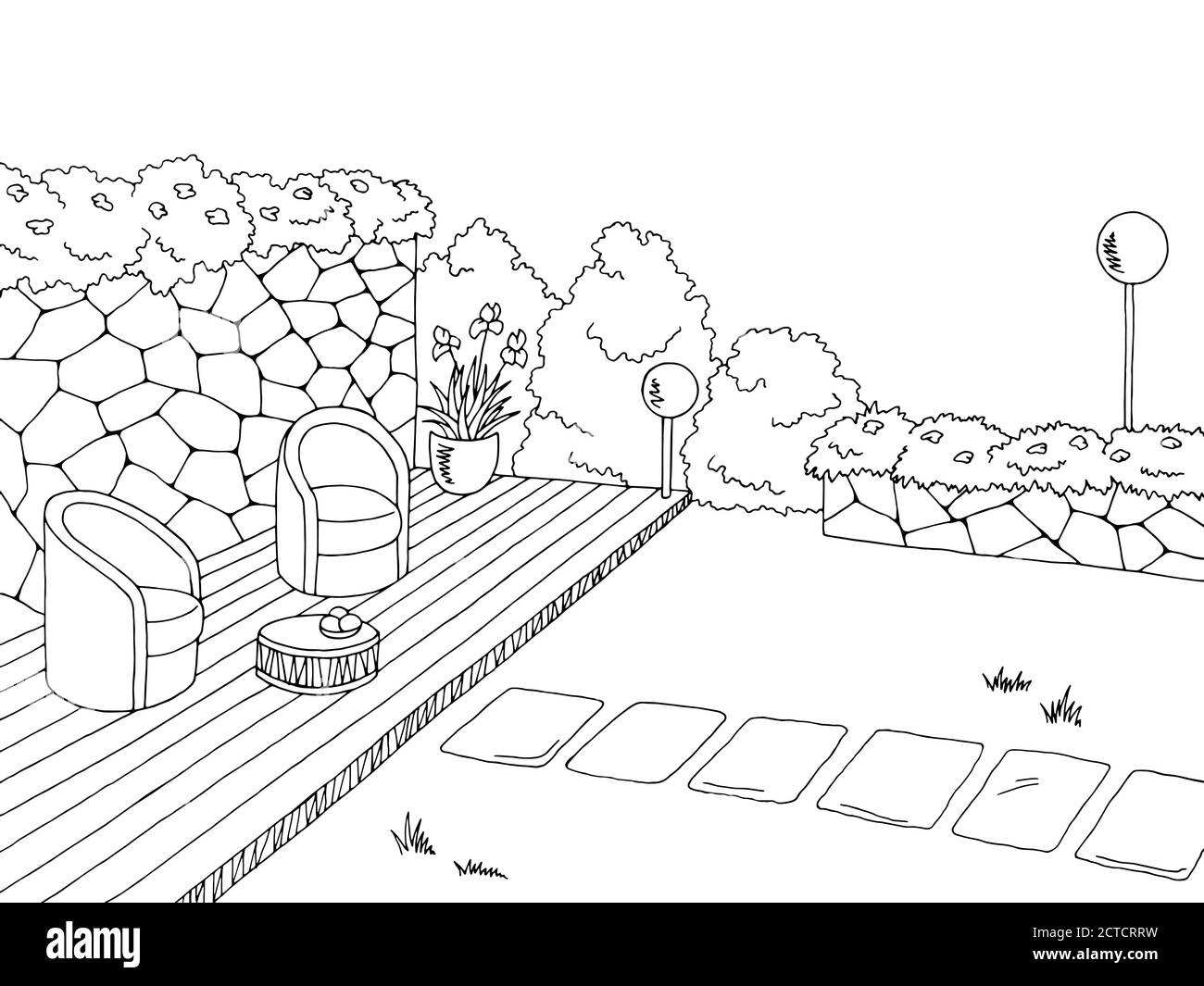 Grafik Garten schwarz weiß Skizze Illustration Vektor Stock