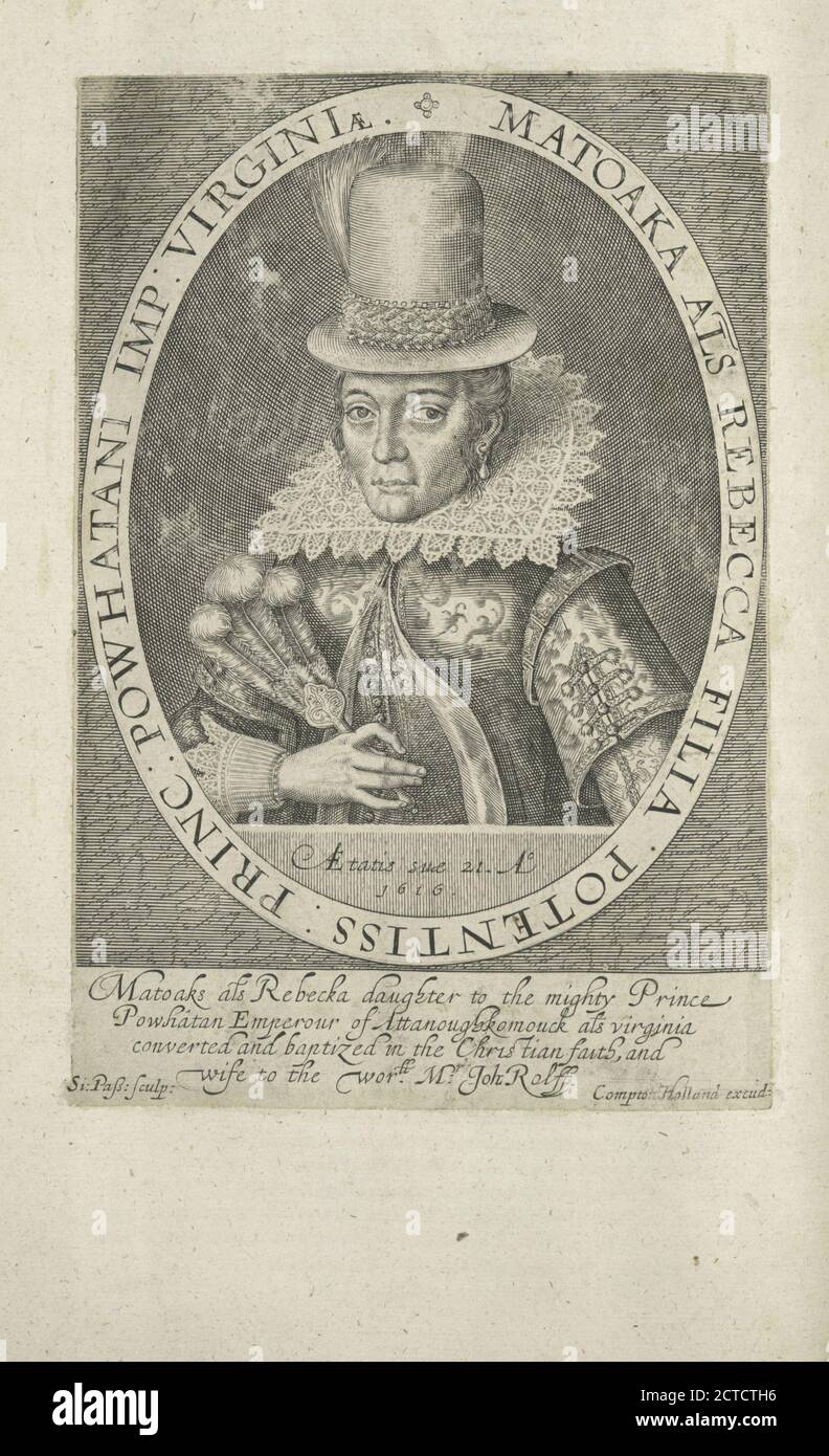 Matoaka als Rebecka Tochter des mächtigen Prinzen Powhatan, 1627, Smith, John (1580-1631), Pass, Simon van de (1595?-1647 Stockfoto