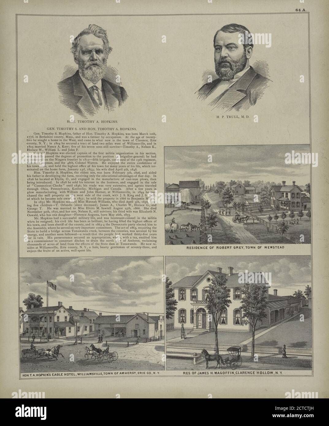 Hon. Timothy A. Hopkins. ; H. P. Trull, M. D. ; Residenz von Robert Gray, Stadt Newstead ; Hon. T. A. Hopkin's Eagle Hotel, Williamsville, Stadt Amherst, Erie Co., N.Y. ; Res. Of James H. Magoffin, Clarence Hollow, N.Y., still image, Atlanses, 1880, F.W. Biere & Co Stockfoto