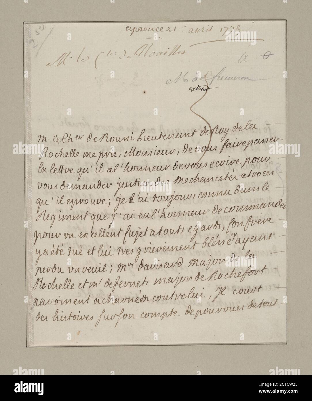 Brief an -- de Fremeron?, Text, Dokumente, 1773, Noailles, Louis Marie, vicomte de, 1756-1804 Stockfoto