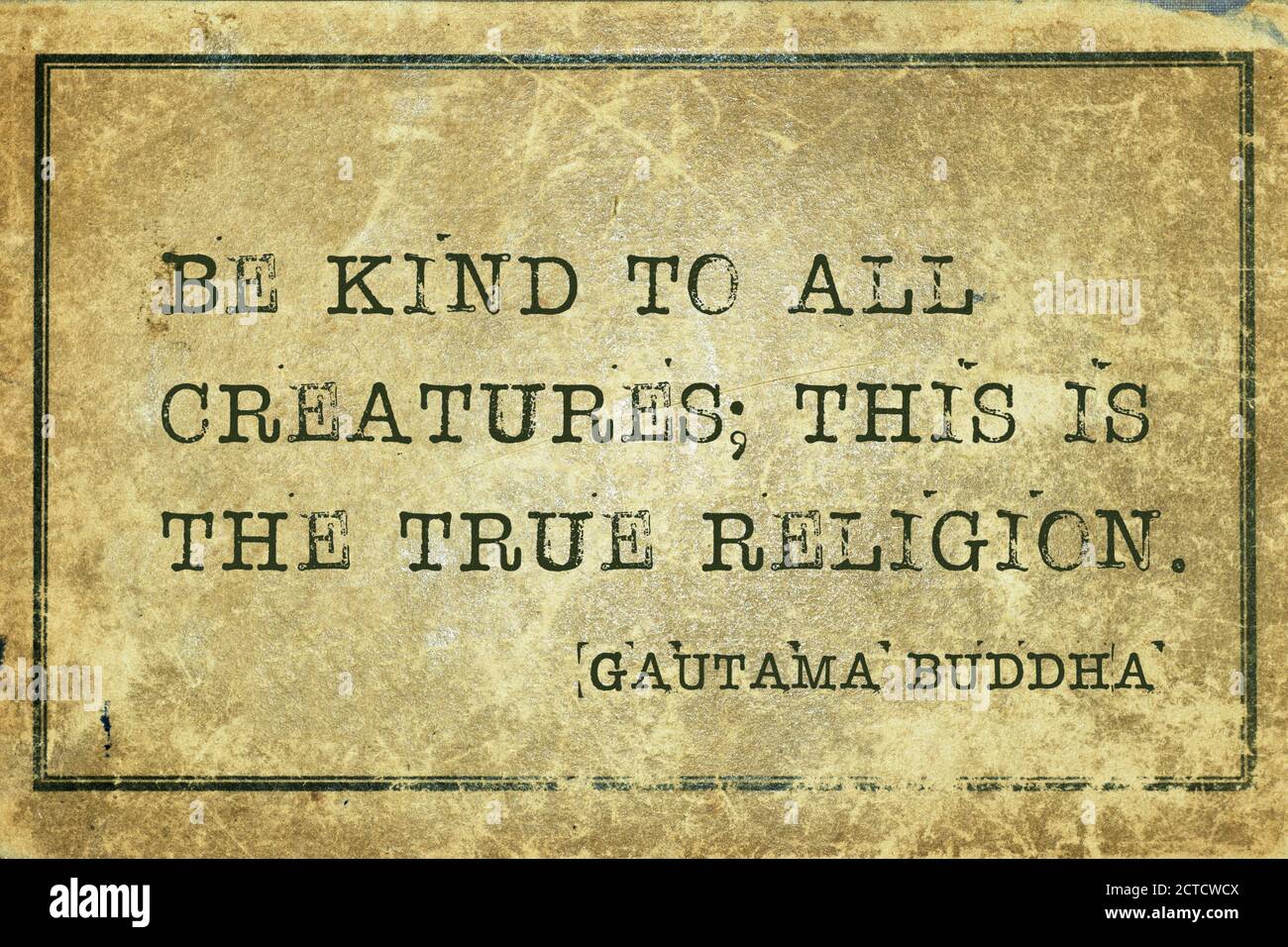 Seien Sie freundlich zu allen Kreaturen; dies ist die wahre Religion - berühmte Zitat von Gautama Buddha gedruckt auf Grunge Vintage Karton Stockfoto