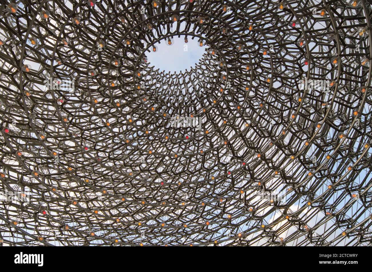 The Hive, eine hoch aufragende Maschenstruktur in Kew Gardens, die einen echten Bienenstock darstellt, einen ineinandergreifenden Rahmen. Inneneinrichtung und Blick nach oben Stockfoto