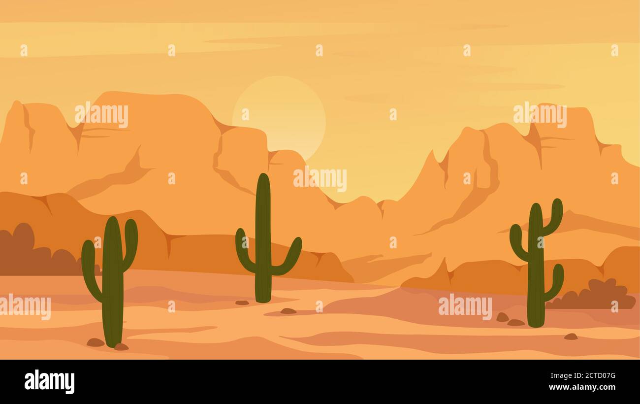 Mexikanische Texas oder Arisona Wüste Natur Landschaft Vektor Illustration. Cartoon flache trockene Wüstenlandschaft mit Bergfelsen Dünen, Kakteen, wild heißen natürlichen West Prärie Szene, Wildnis Stock Vektor