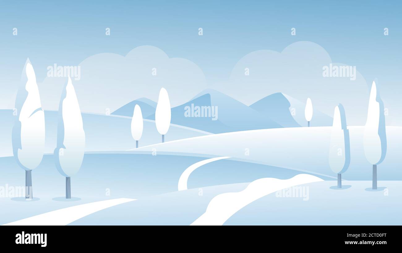 Vektorgrafik Winterlandschaft. Cartoon Frost Natur Schneelandschaft mit Straße Weg auf Hügeln mit Schnee und gefrorenen weißen Bäumen bedeckt, schneebedeckten Wunderland Blick Winter Panorama Hintergrund Stock Vektor