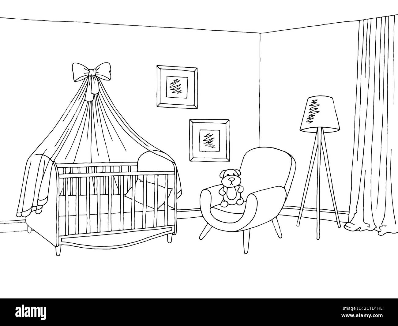 Baby Zimmer Grafik schwarz weiß Innenraum Skizze Illustration Vektor Stock Vektor
