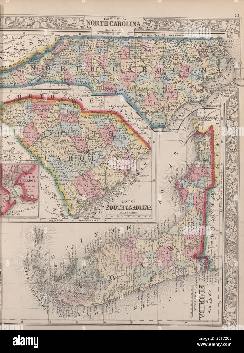 County map of North Carolina, Map of South Carolina, County map of Florida ; Map of Charleston Harbour inset., still image, Maps, 1863, Mitchell, S. Augustus (Samuel Augustus) (1792-1868 Stockfoto