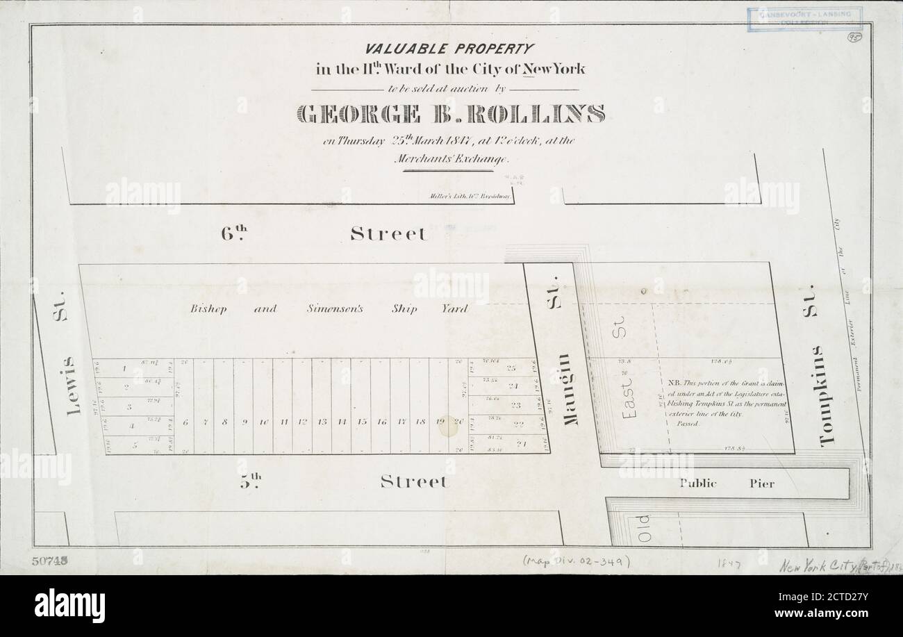 Wertvolles Eigentum im 11. Bezirk der Stadt New York : verkauft bei einer Auktion von George B. Rollins am Donnerstag, 25. März 1847, um 12 Uhr, an der Merchants' Exchange., Standbild, Maps, 1847, Miller & Co Stockfoto