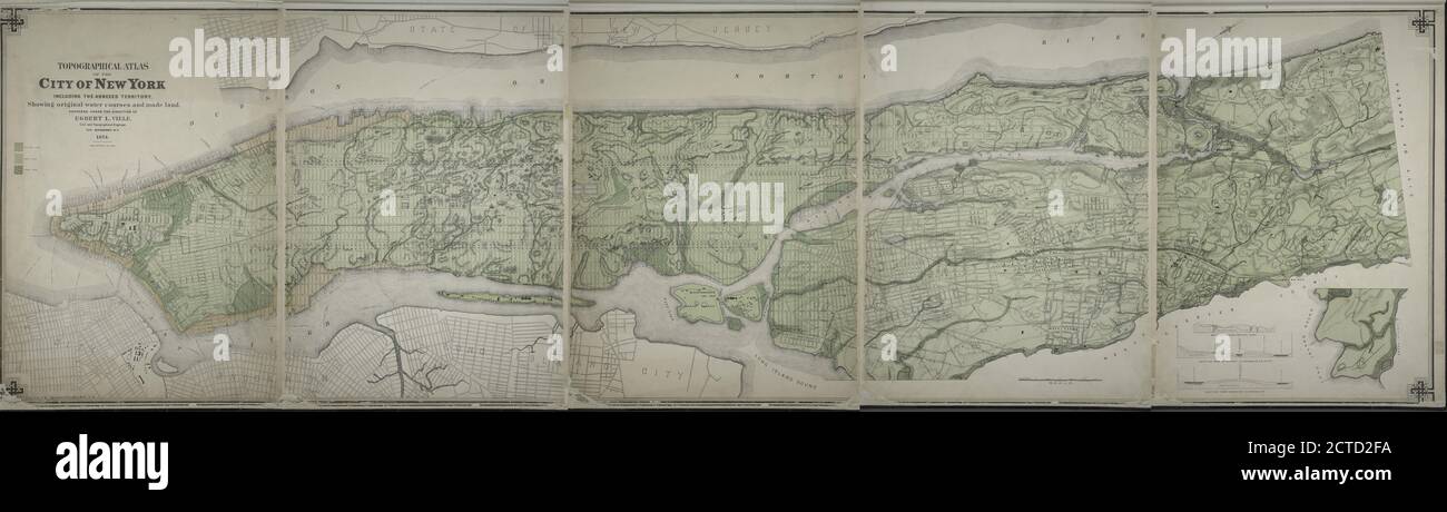 Topographischer Atlas der Stadt New York, einschließlich des angegliederten Territoriums, das ursprüngliche Wasserläufe und gemachter Boden zeigt, kartographisch, Karten, 1874, viele, Egbert L. (Egbert Ludovicus), 1825-1902 Stockfoto